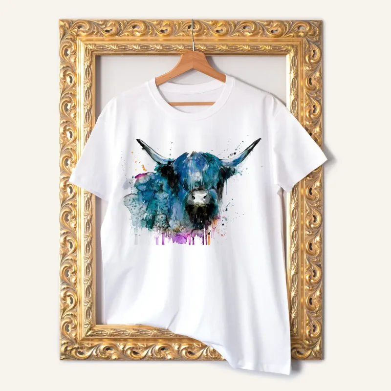 Black Highland Cow watercolor painting printed on a white cotton T-shirt by Slaveika Aladjova