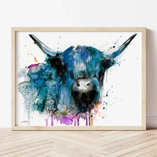 Black Highland Cow watercolor painting the artwork on the T-shirt by Slaveika Aladjova