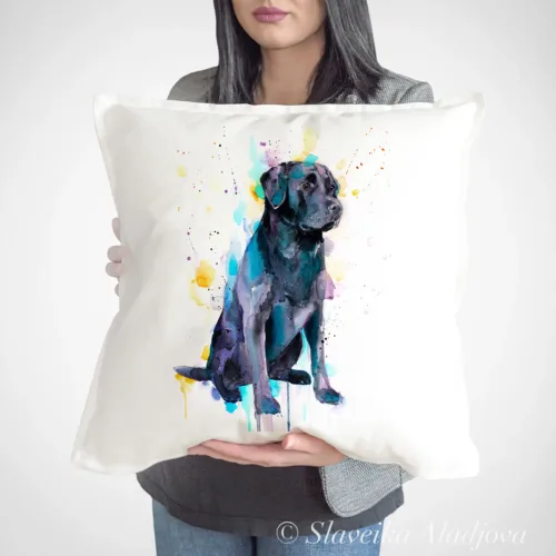 Black Labrador watercolor painting printed on a 50 x 50 cm cotton art pillow cover by Slaveika Aladjova