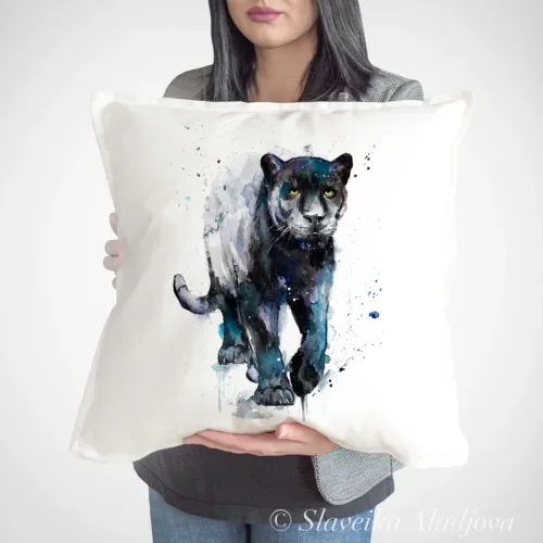 Black Panther watercolor painting printed on a 50 x 50 cm cotton art pillow cover by Slaveika Aladjova