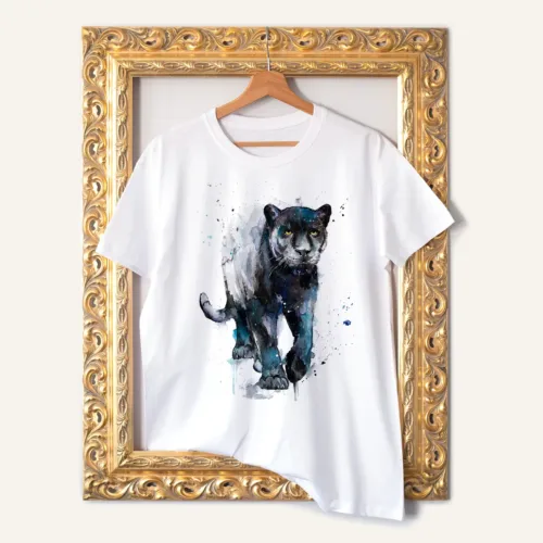 Black Panther T-Shirt, Watercolor Art Tee Black Panther watercolor painting printed on a white cotton T-shirt by Slaveika Aladjova