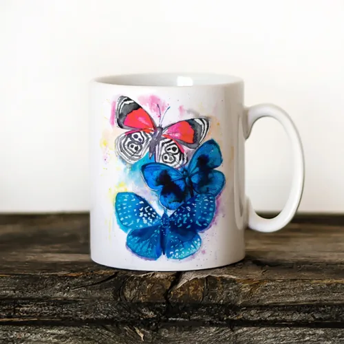 Blue and Red Butterflies Art Mug, Watercolor Ceramic Mug 11 oz Blue and Red Butterflies watercolor painting printed on an 11 oz ceramic art mug by Slaveika Aladjova