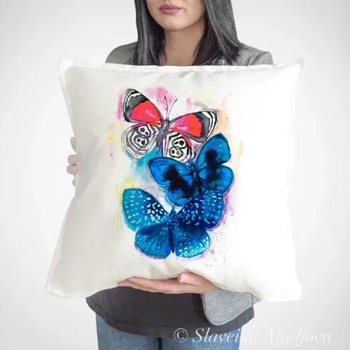 Blue and Red Butterflies watercolor painting printed on a 50 x 50 cm cotton art pillow cover by Slaveika Aladjova