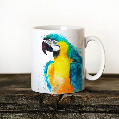 Blue and Yellow Macaw Art Mug, Watercolor Ceramic Mug 11 oz Blue and Yellow Macaw watercolor painting printed on an 11 oz ceramic art mug by Slaveika Aladjova