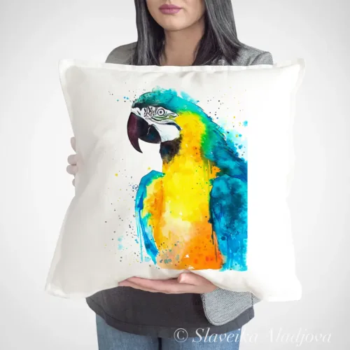 Blue and Yellow Macaw Art Pillow Cover, Watercolor Cushion 50 × 50 cm Blue and Yellow Macaw watercolor painting printed on a 50 x 50 cm cotton art pillow cover by Slaveika Aladjova