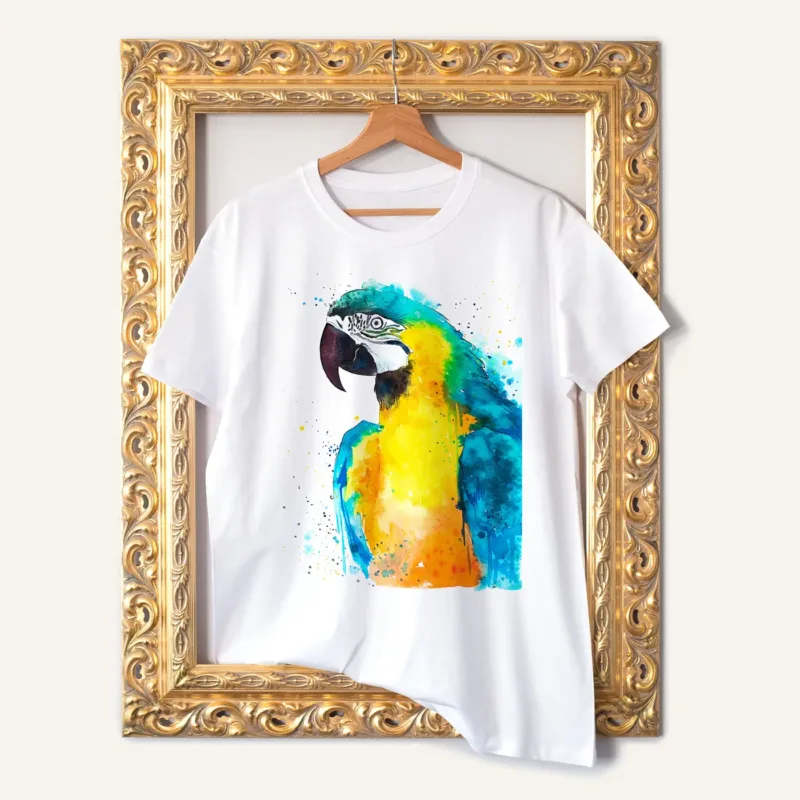 Blue and Yellow Macaw watercolor painting printed on a white cotton T-shirt by Slaveika Aladjova