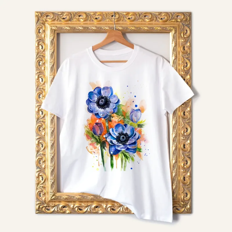Blue Anemones watercolor painting printed on a white cotton T-shirt by Slaveika Aladjova