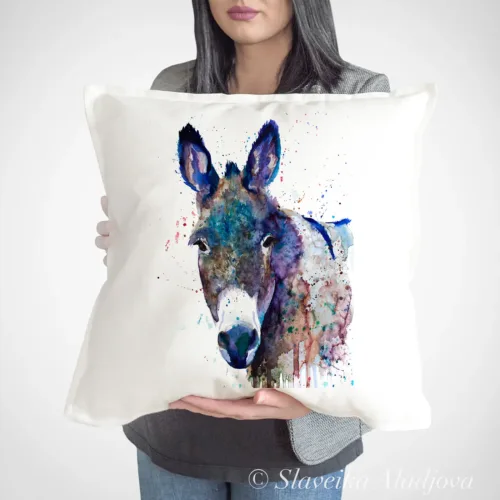 Blue Donkey watercolor painting printed on a 50 x 50 cm cotton art pillow cover by Slaveika Aladjova