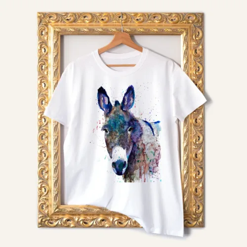 Blue Donkey watercolor painting printed on a white cotton T-shirt by Slaveika Aladjova