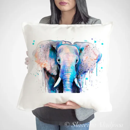 Blue Elephant Art Pillow Cover, Watercolor Cushion 50 × 50 cm Blue Elephant watercolor painting printed on a 50 x 50 cm cotton art pillow cover by Slaveika Aladjova