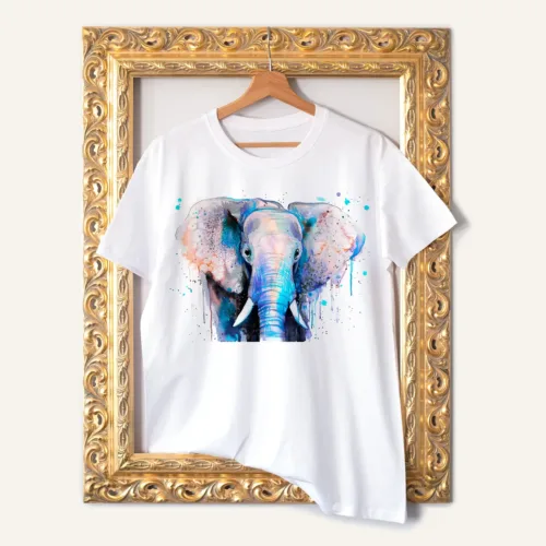 Blue Elephant T-Shirt, Watercolor Art Tee Blue Elephant watercolor painting printed on a white cotton T-shirt by Slaveika Aladjova
