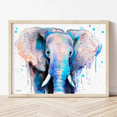 Blue Elephant watercolor painting the artwork on the T-shirt by Slaveika Aladjova