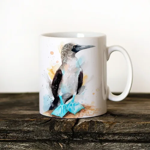 Blue-footed Booby watercolor painting printed on an 11 oz ceramic art mug by Slaveika Aladjova