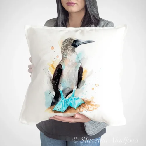 Blue-footed Booby Art Pillow Cover, Watercolor Cushion 50 × 50 cm Blue-footed Booby watercolor painting printed on a 50 x 50 cm cotton art pillow cover by Slaveika Aladjova