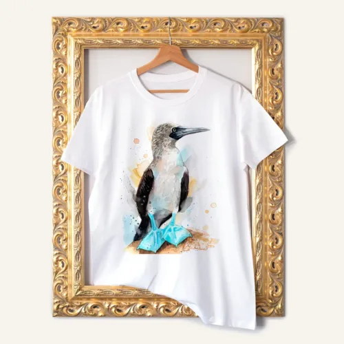 Blue-footed Booby T-Shirt, Watercolor Art Tee Blue-footed Booby watercolor painting printed on a white cotton T-shirt by Slaveika Aladjova