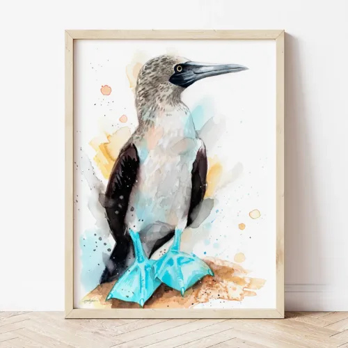 Blue-footed Booby watercolor painting the artwork on the T-shirt by Slaveika Aladjova