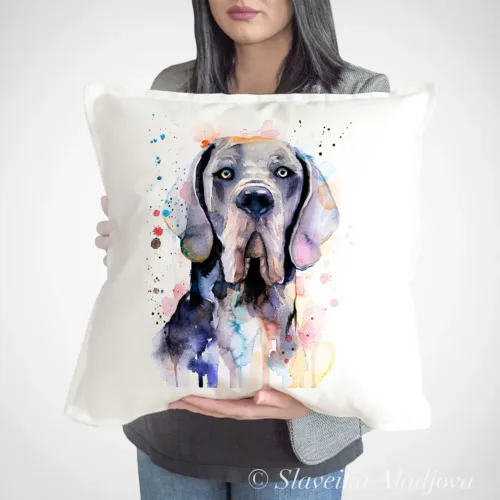 Blue Great Dane Art Pillow Cover, Watercolor Cushion 50 × 50 cm Blue Great Dane watercolor painting printed on a 50 x 50 cm cotton art pillow cover by Slaveika Aladjova
