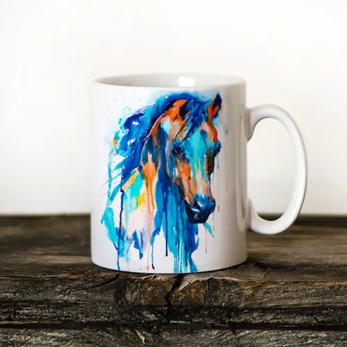 Blue Horse watercolor painting printed on an 11 oz ceramic art mug by Slaveika Aladjova