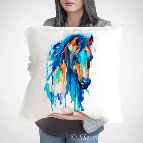 Blue Horse watercolor painting printed on a 50 x 50 cm cotton art pillow cover by Slaveika Aladjova