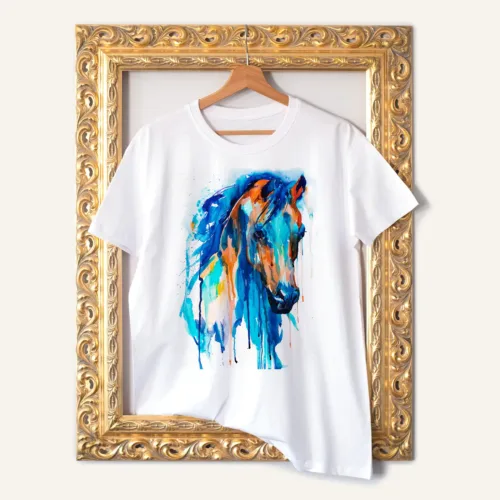 Blue Horse watercolor painting printed on a white cotton T-shirt by Slaveika Aladjova