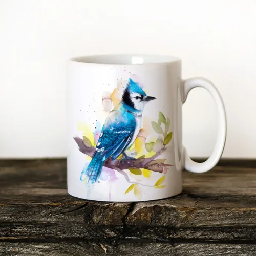 Blue Jay Art Mug, Watercolor Ceramic Mug 11 oz Blue Jay watercolor painting printed on an 11 oz ceramic art mug by Slaveika Aladjova