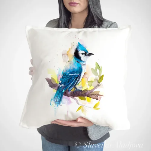 Blue Jay Art Pillow Cover, Watercolor Cushion 50 × 50 cm Blue Jay watercolor painting printed on a 50 x 50 cm cotton art pillow cover by Slaveika Aladjova