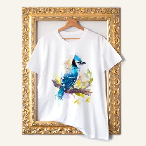 Blue Jay watercolor painting printed on a white cotton T-shirt by Slaveika Aladjova