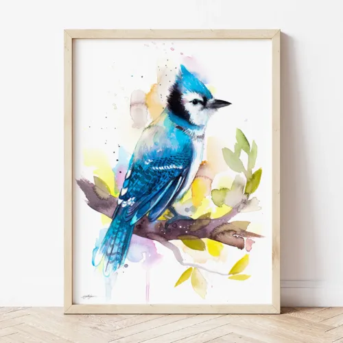 Blue Jay watercolor painting the artwork on the T-shirt by Slaveika Aladjova