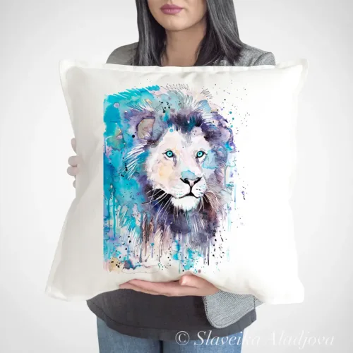 Blue Lion Art Pillow Cover, Watercolor Cushion 50 × 50 cm Blue Lion watercolor painting printed on a 50 x 50 cm cotton art pillow cover by Slaveika Aladjova