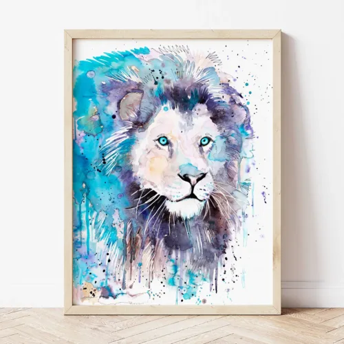 Blue Lion watercolor painting the artwork on the T-shirt by Slaveika Aladjova