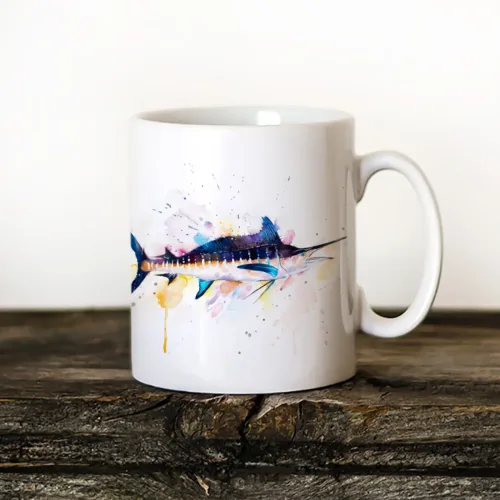 Blue Marlin Art Mug, Watercolor Ceramic Mug 11 oz Blue Marlin watercolor painting printed on an 11 oz ceramic art mug by Slaveika Aladjova