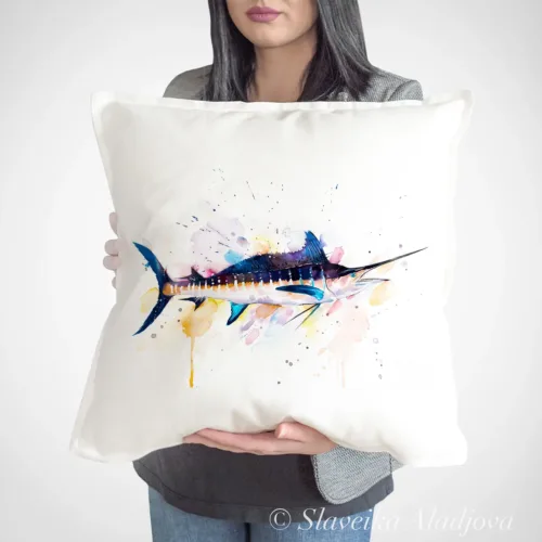 Blue Marlin Art Pillow Cover, Watercolor Cushion 50 × 50 cm Blue Marlin watercolor painting printed on a 50 x 50 cm cotton art pillow cover by Slaveika Aladjova