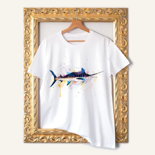 Blue Marlin T-Shirt, Watercolor Art Tee Blue Marlin watercolor painting printed on a white cotton T-shirt by Slaveika Aladjova