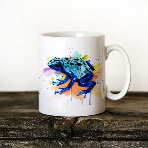 Blue Poison Dart Frog Art Mug, Watercolor Ceramic Mug 11 oz Blue Poison Dart Frog watercolor painting printed on an 11 oz ceramic art mug by Slaveika Aladjova