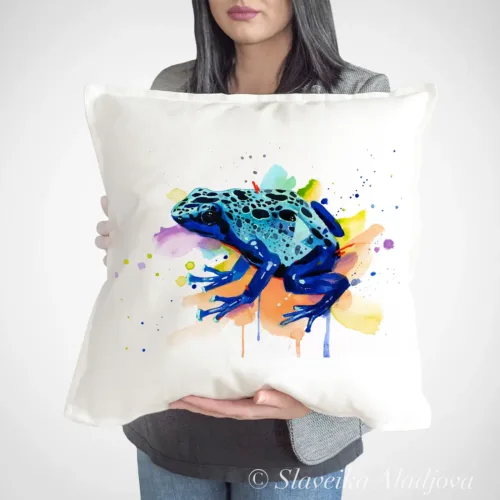 Blue Poison Dart Frog Art Pillow Cover, Watercolor Cushion 50 × 50 cm Blue Poison Dart Frog watercolor painting printed on a 50 x 50 cm cotton art pillow cover by Slaveika Aladjova