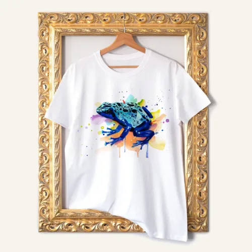 Blue Poison Dart Frog T-Shirt, Watercolor Art Tee Blue Poison Dart Frog watercolor painting printed on a white cotton T-shirt by Slaveika Aladjova
