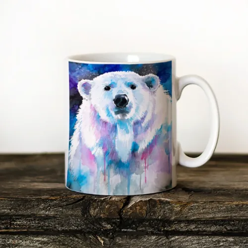 Blue Polar Bear watercolor painting printed on an 11 oz ceramic art mug by Slaveika Aladjova