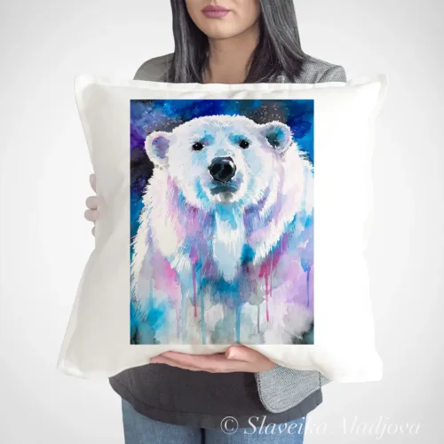 Blue Polar Bear Art Pillow Cover, Watercolor Cushion 50 × 50 cm Blue Polar Bear watercolor painting printed on a 50 x 50 cm cotton art pillow cover by Slaveika Aladjova