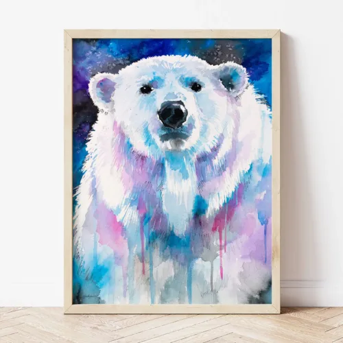 Blue Polar Bear watercolor painting the artwork on the T-shirt by Slaveika Aladjova
