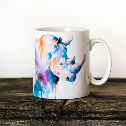 Blue Rhino Art Mug, Watercolor Ceramic Mug 11 oz Blue Rhino watercolor painting printed on an 11 oz ceramic art mug by Slaveika Aladjova