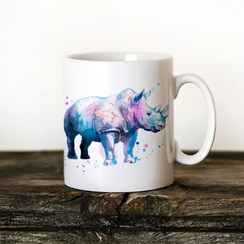 Blue Rhinoceros Art Mug, Watercolor Ceramic Mug 11 oz Blue Rhinoceros watercolor painting printed on an 11 oz ceramic art mug by Slaveika Aladjova