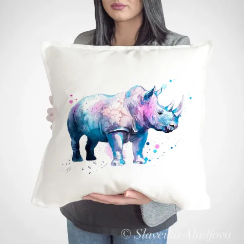 Blue Rhinoceros watercolor painting printed on a 50 x 50 cm cotton art pillow cover by Slaveika Aladjova