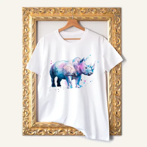 Blue Rhinoceros watercolor painting printed on a white cotton T-shirt by Slaveika Aladjova