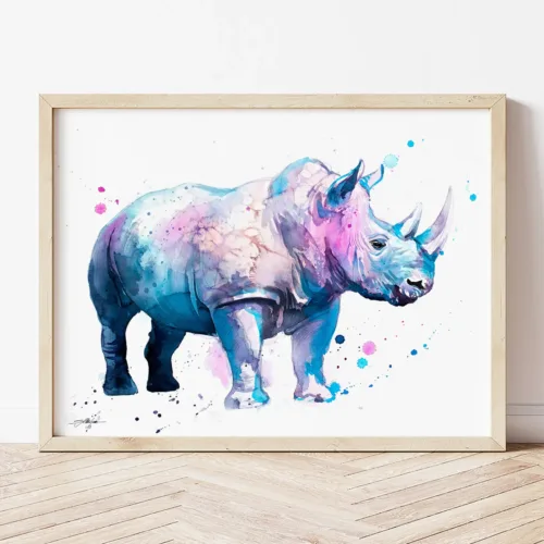 Blue Rhinoceros watercolor painting the artwork on the T-shirt by Slaveika Aladjova