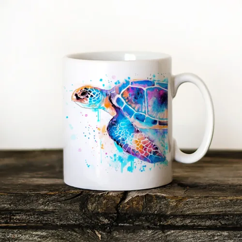 Blue Sea Turtle watercolor painting printed on an 11 oz ceramic art mug by Slaveika Aladjova