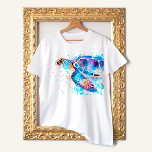 Blue Sea Turtle T-Shirt, Watercolor Art Tee Blue Sea Turtle watercolor painting printed on a white cotton T-shirt by Slaveika Aladjova