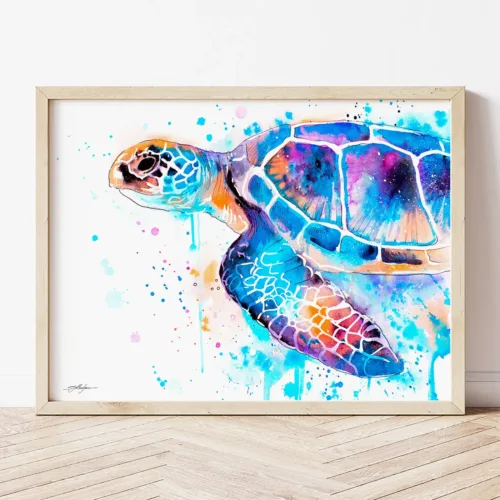 Blue Sea Turtle watercolor painting the artwork on the T-shirt by Slaveika Aladjova