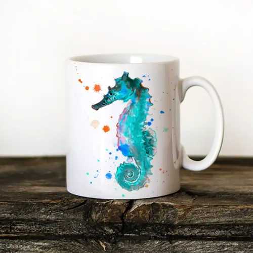 Blue Seahorse watercolor painting printed on an 11 oz ceramic art mug by Slaveika Aladjova
