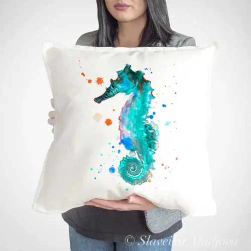Blue Seahorse Art Pillow Cover, Watercolor Cushion 50 × 50 cm Blue Seahorse watercolor painting printed on a 50 x 50 cm cotton art pillow cover by Slaveika Aladjova