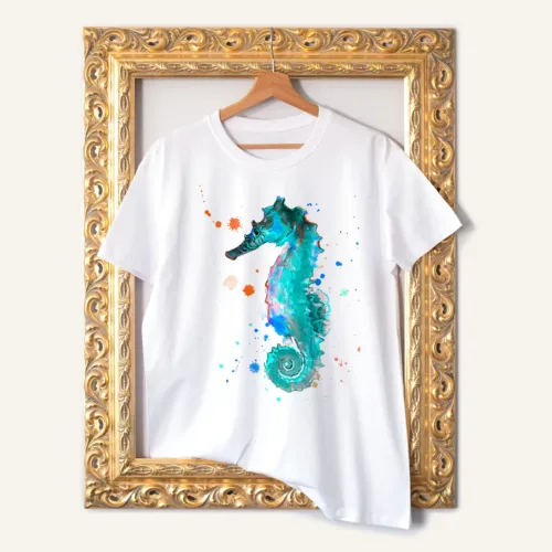 Blue seahorse watercolor painting printed on a white cotton T-shirt by Slaveika Aladjova